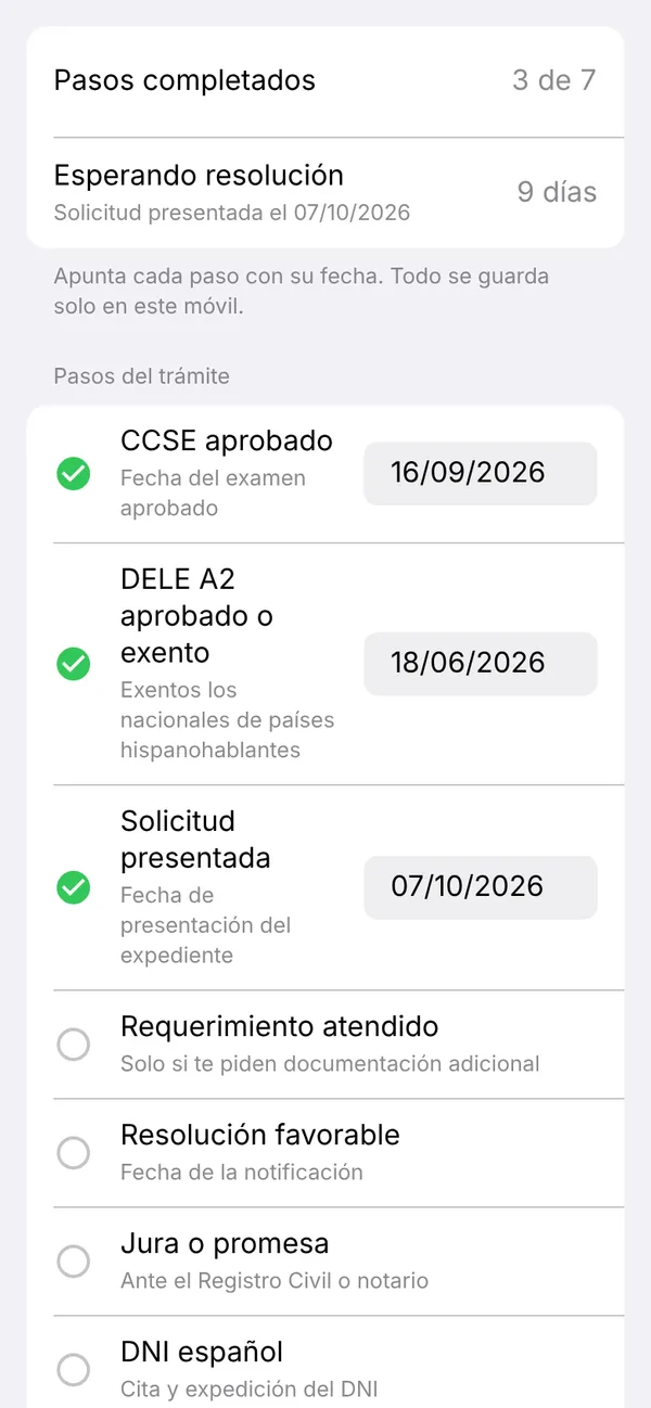 Pantalla Expediente: pasos del trámite con sus fechas y días de espera desde la solicitud.