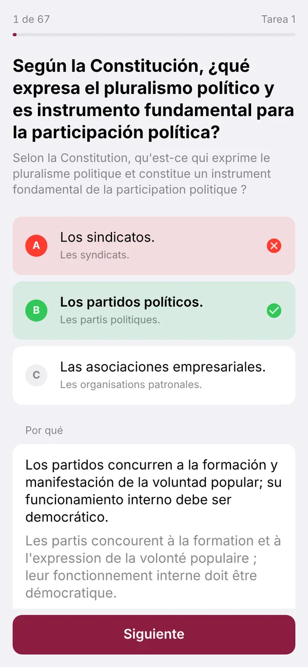 Question corrigée en espagnol avec la traduction française : la réponse choisie en rouge, la bonne en vert et l’explication.